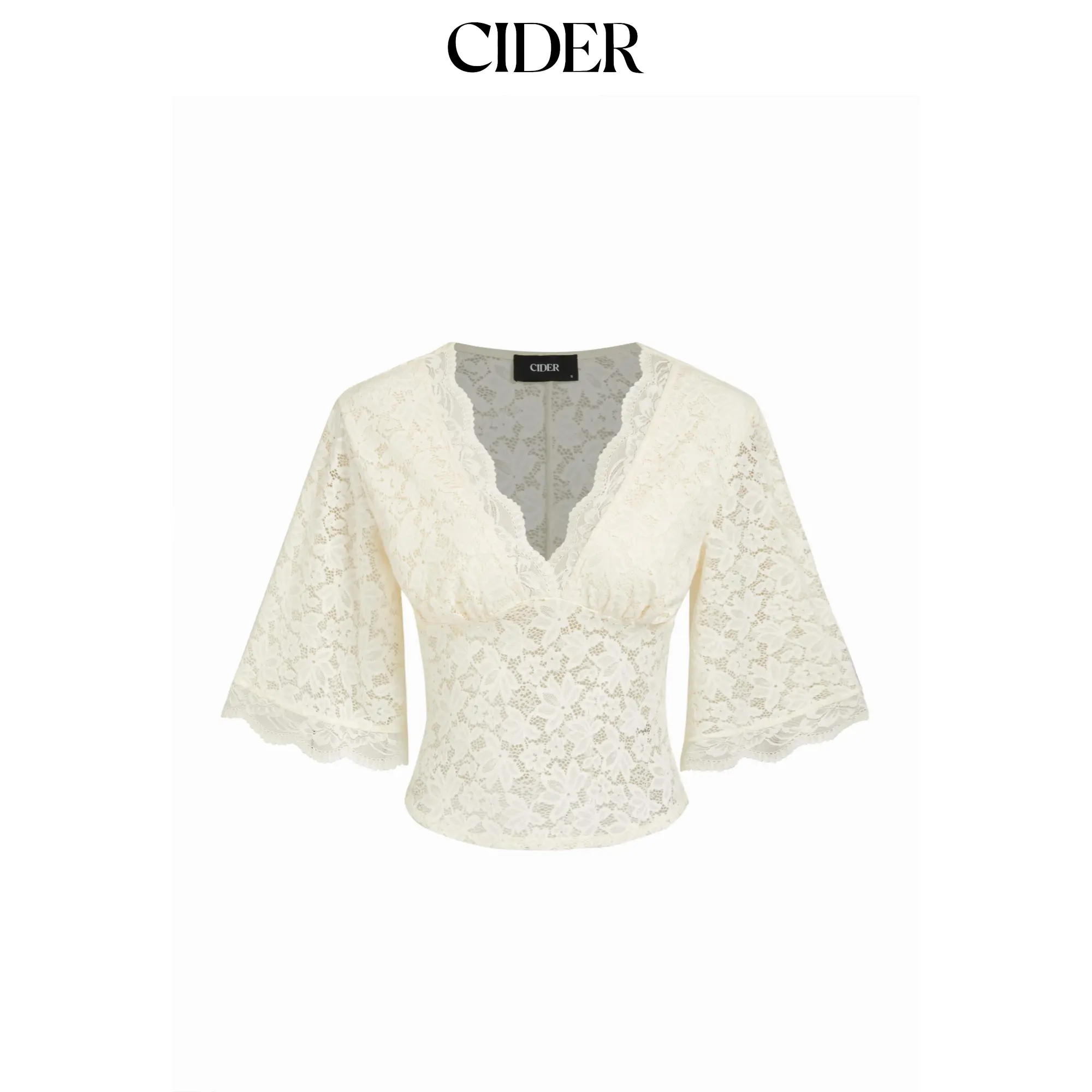Cider V-Neck Guipure Lace Bell Sleeve Cropped Top Cider V-Neck Guipure Lace Bell Sleeve Cropped Top