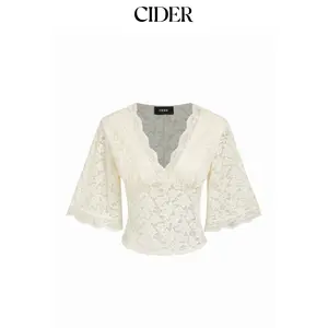 Cider V-Neck Guipure Lace Bell Sleeve Cropped Top SummerWins SummerFinds