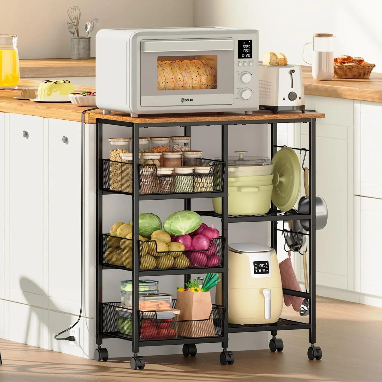 Rolling Kitchen Microwave Organizer Cart, Adjustable Shelves, Black | Kitchen  Storage Cart with Tilt-Out Baskets & Lockable Wheels, 27.75"L × 15.35"W × 32.9"H, for Coffee Bar & Living Room