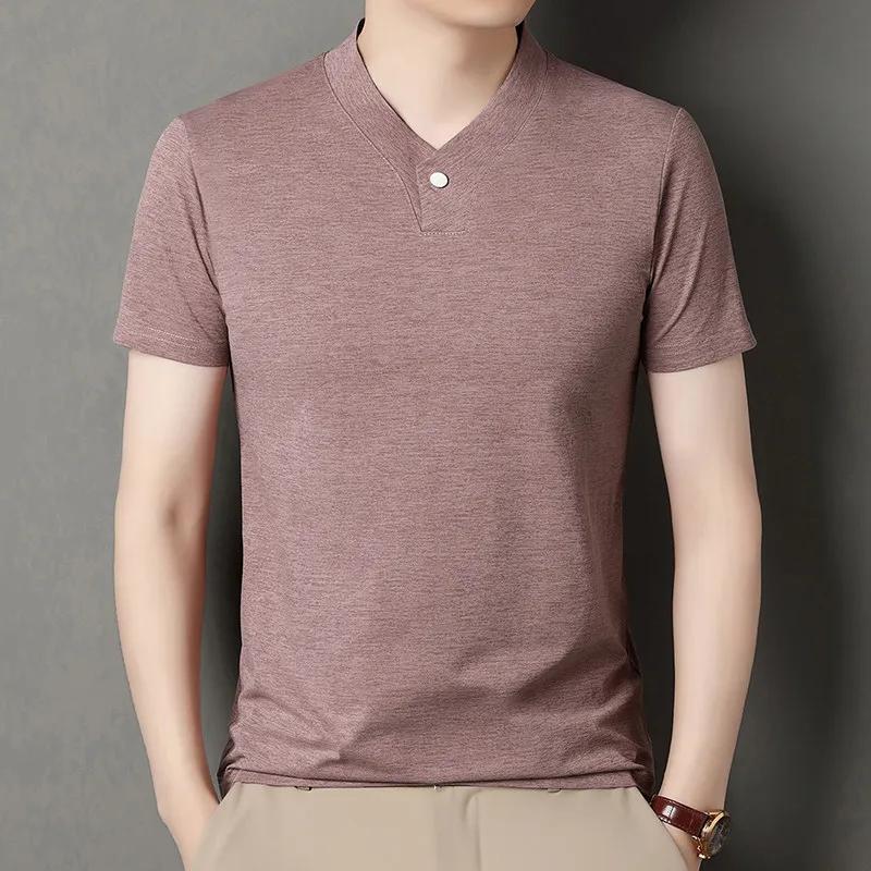 Kyn Apparel 2026 Korean Style Men's Casual and Fashionable One Button V-neck Solid Color Short Sleeved T-shirt Summer Versatile Top