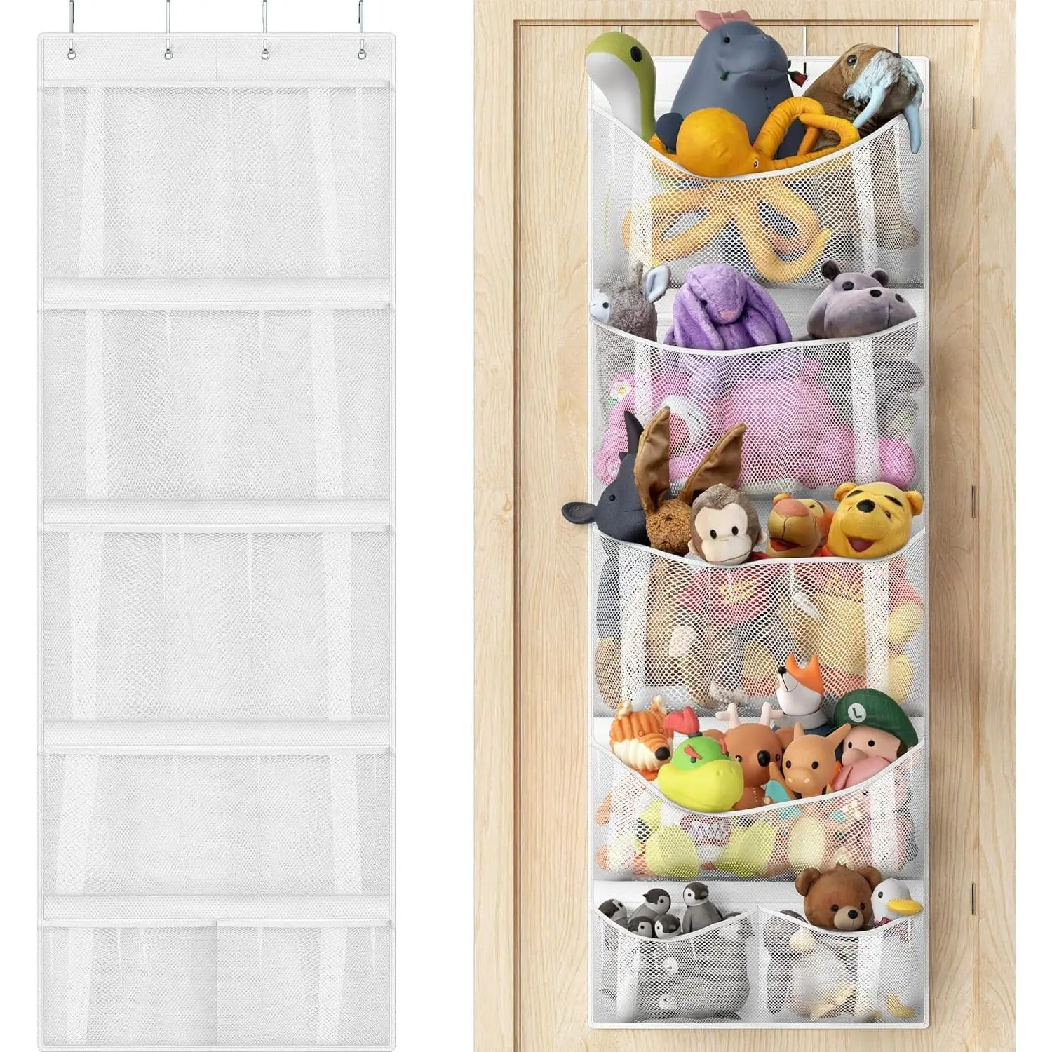 Over the Door Stuffed Animal Storage Organizer, Hanging Toy Holder with 6 Mesh Pockets for Kids Room, White