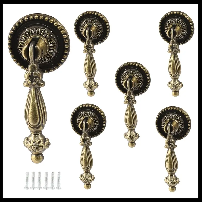 6 Pack Antique Style Bronze Tear Drop Knobs Pulls, Zinc Alloy Cabinet Pull Handle Knobs Antique Decorative Handle Drawer Cabinet Teardrop Pull with Mounting Screws
