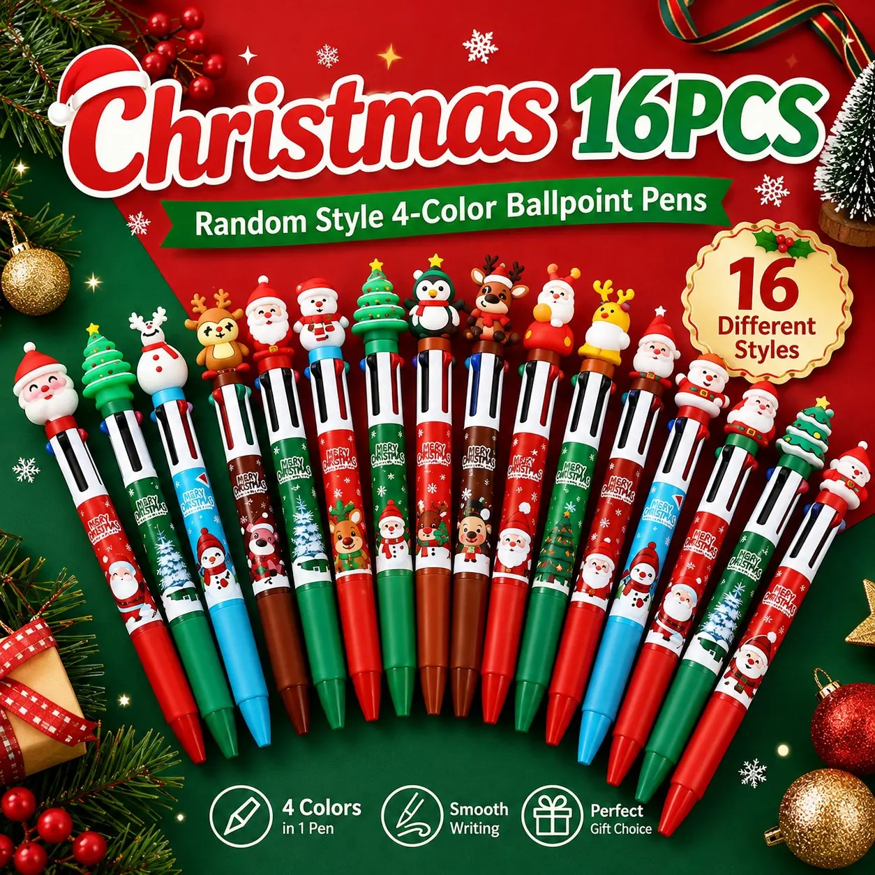 16pcs Festive Christmas Pencils, 4 Colorful Round Ballpoint Pens, Santa Reindeer Snowman Tree Designs, Holiday Gifts Prizes Party Favors, Unique Pens