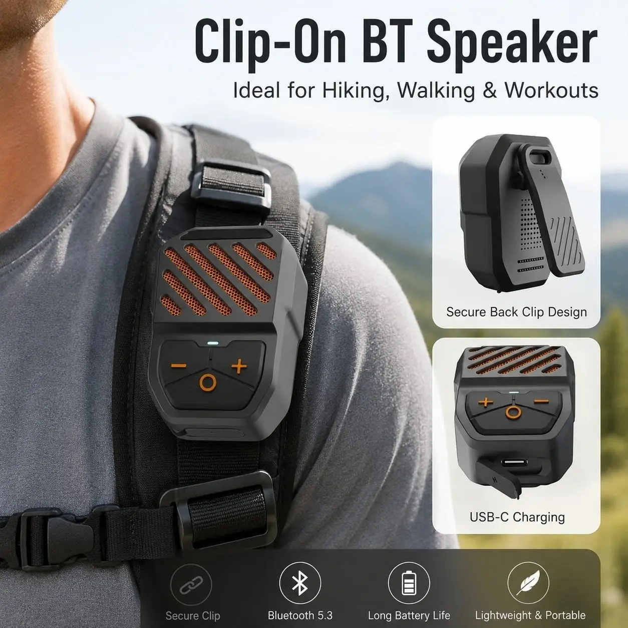 Portable Outdoor Speaker, Clip-On Wireless Bluetooth-compatible Speaker, Ipx5 Waterproof, Long Battery Life, Ideal for Work & Sports