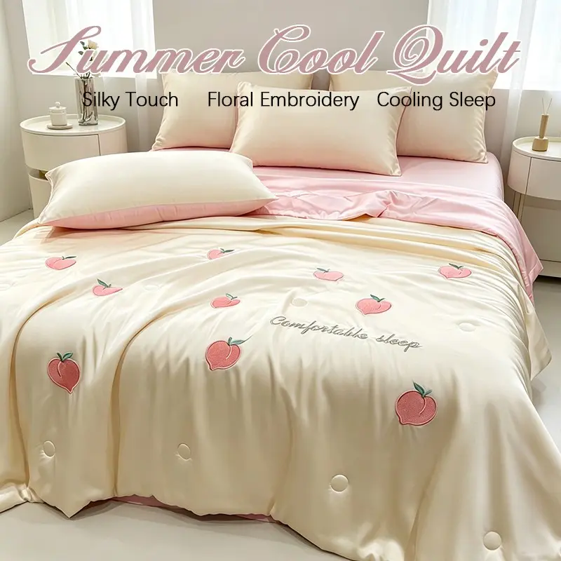 Ultra Soft Summer Quilt, Floral Peach Embroidery, Breathable and Cool, Lightweight and Portable, Ideal for Home Office Travel