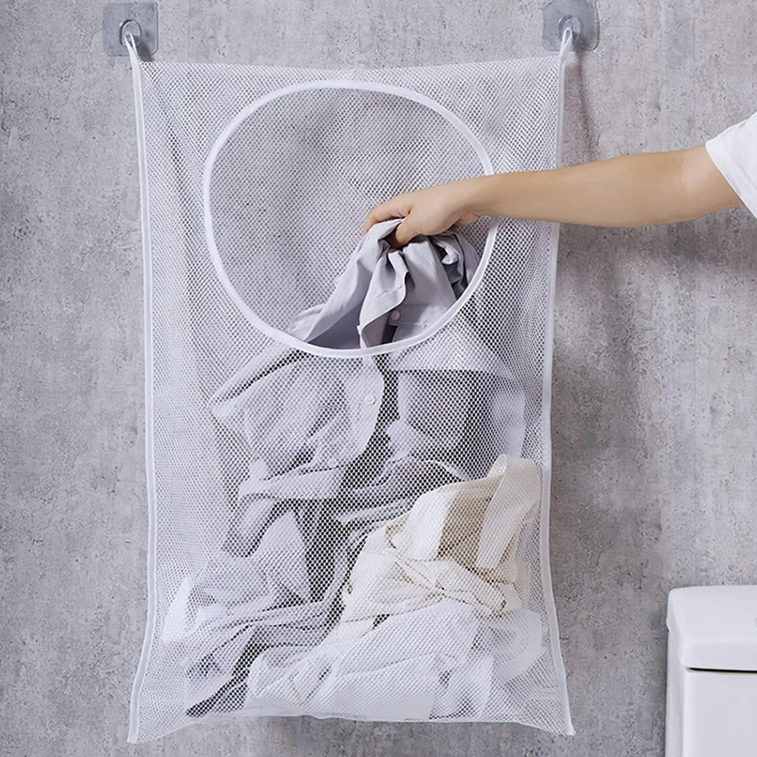 Hanging Laundry Hamper Bag, Portable Laundry Bag, 30 x 20 Inch Large Foldable Wall Hanging Laundry Basket with 2 Adhesive Hooks for Dirty Clothes Organization and Storage
