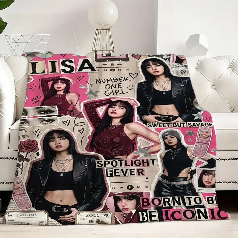 1Pcs Retro Y2K K-pop Idol Lisa Collage Flannel Throw Blanket, Y2K Music Fan Home Decor Blanket for Bedroom Living Room Dorm, Gif