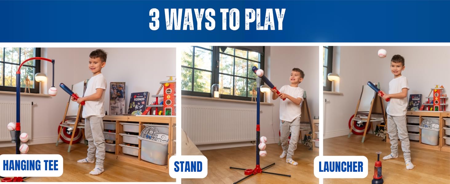 SUNDAY MIRTH 3-in-1 Baseball Set for Kids and Toddlers Ages 3-5 – Includes Tee Ball Stand, Hanging Tee, Automatic Ball Launcher, and 6 Softballs – Adjustable Height for Indoor/Outdoor Play – Sports Gift for Boys