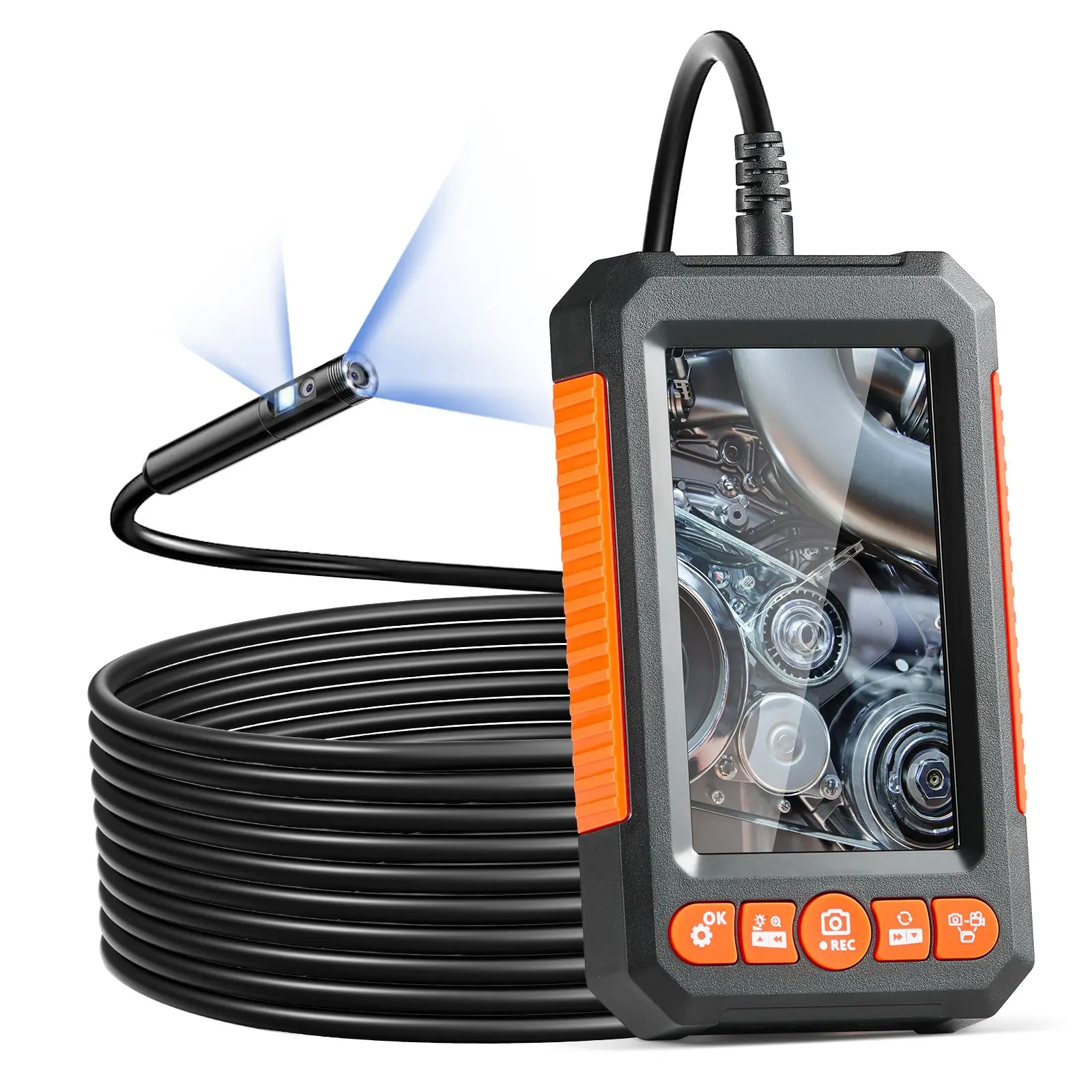 【toolupgrade】VEVOR Dual Lens Industrial Borescope Endoscope Camera with Light, 4.3" 1080P Real-Time View Screen, 8+1 Lights, 4X Zoom, IP67 Lens Waterproof Snake Cable, 16.4FT Cable, 32GB Card for Auto Engine, Plumbing