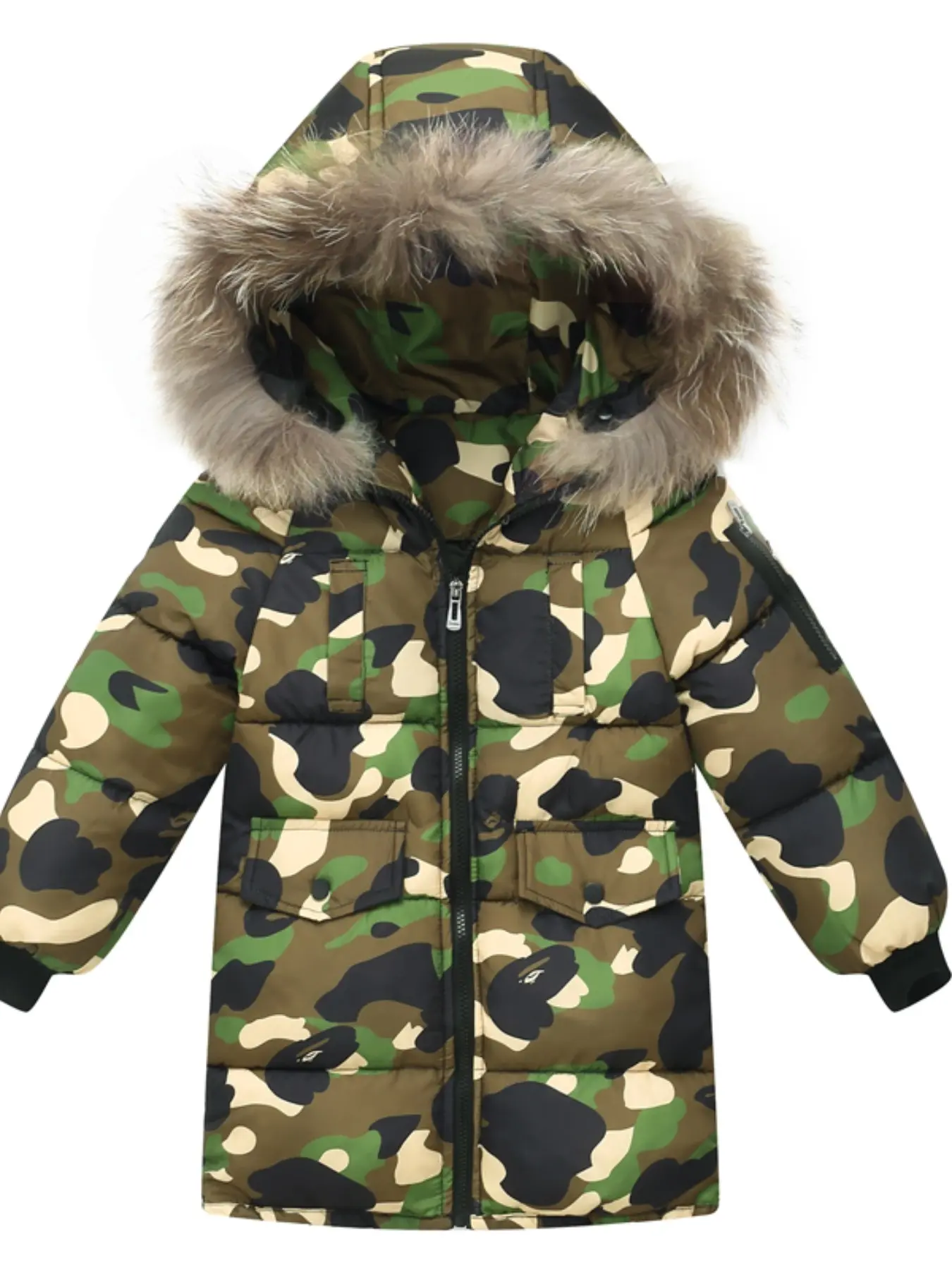 Boys Long Winter Puffer Jacket, Camouflage Print Hooded Coat, Faux Fur Collar, Thick Quilted Wind-Resistant Outerwear, Cold Weather Gear, Hooded Warm Coat