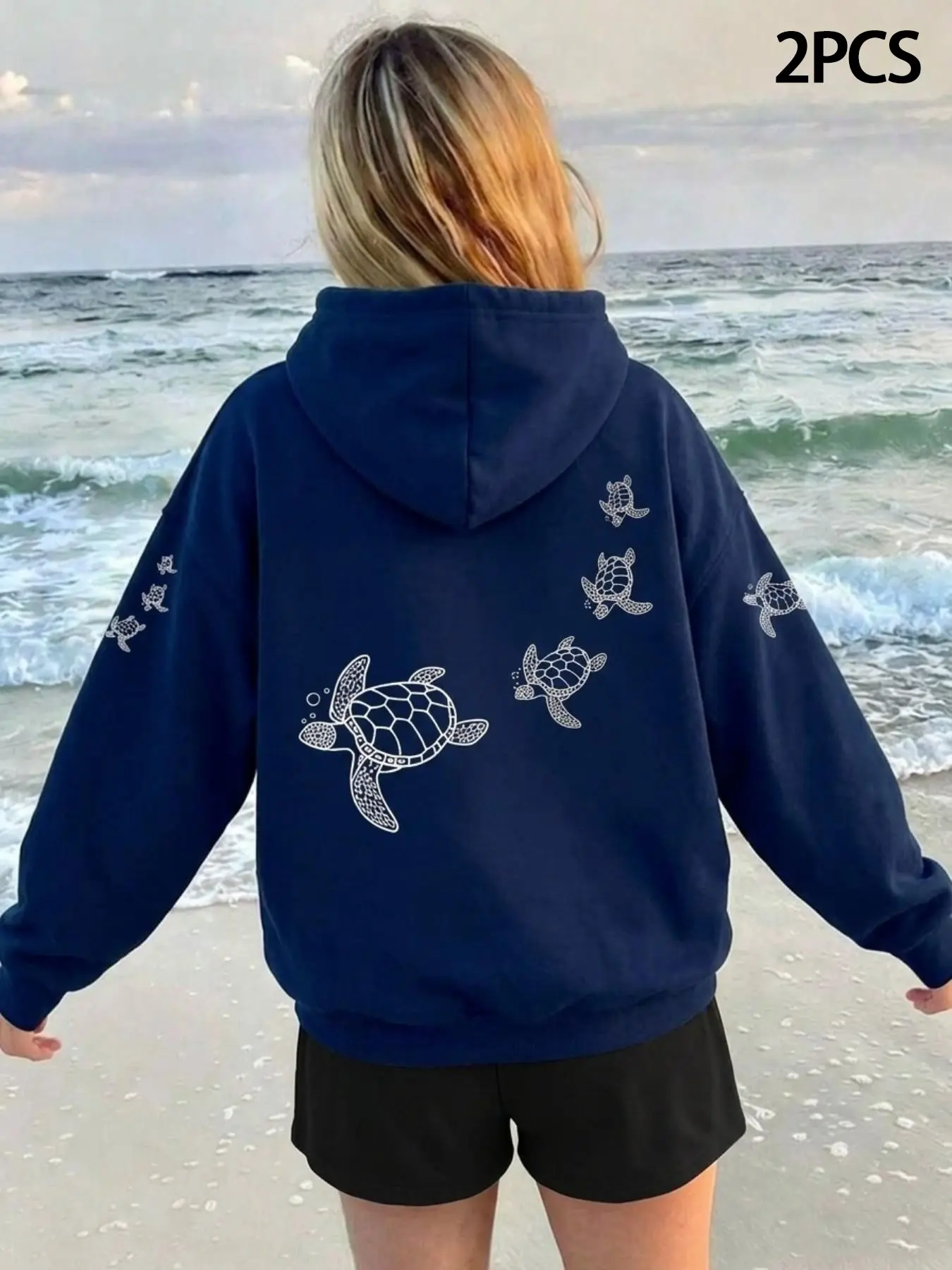 Women's Vintage Turtle Print Hoodie, Loose-Fit Oversized Long Sleeve Sweatshirt, Casual Fall & Winter Fashion, Animal Pattern