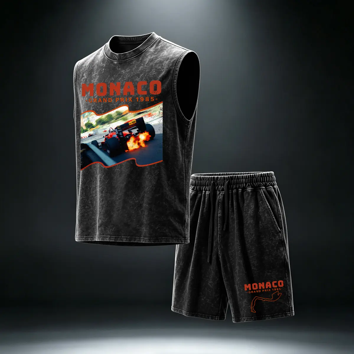 Men's 2-Piece Acid-Washed Cotton Shorts Set, Vintage 1985 Racing Graphic Tank Top and Matching Shorts, Soft Relaxed Fit for Summer, Menswear, Classic, Basic, Loose, Breathable, Fabric, Sleeveless, Elastic, Casual, Round Neck