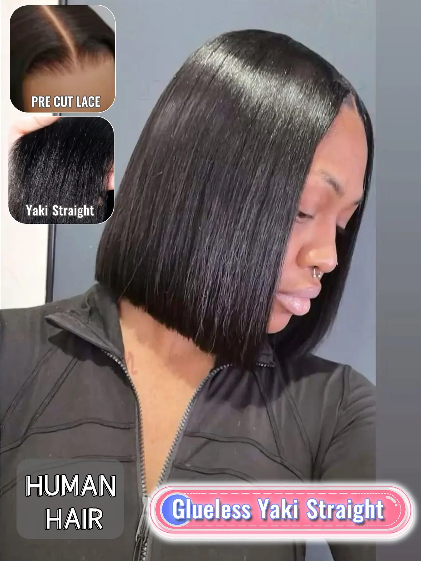 Human Hair Yaki Straight Bob Wig, 10 Inch Everyday Bob Style with 4x4 Lace Closure, Middle Part Layout, Soft Relaxed Texture, Easy to Personalize for Office, Weekend and Casual Looks for Women