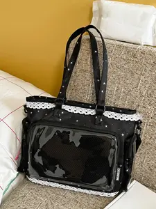 Small fresh star printed ita bag, with white lace pearl trim transparent window tote bag, detachable crossbody strap multi-pocket large capacity cute sweet shoulder bag Adjustable crossbody shoulder