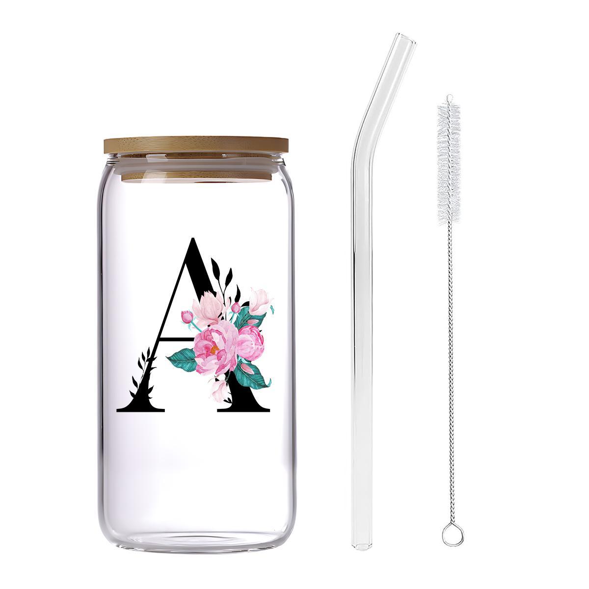 Letter & Flower Pattern Glass Cup with Straw & Brush, 1 Count 16oz Glass Cup, Drinking Cup for Home Office, Stylish Drinkware, Gift for Friend & Family