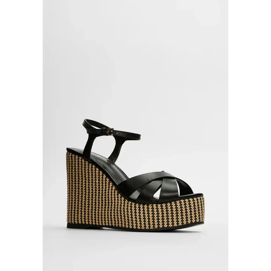 Women's Wedge Sandals, Crisscross Faux Leather Espadrille with a 5" Woven Platform Heel, Square Toe and Adjustable Ankle Strap, Adjustable Strap, Casual Wear