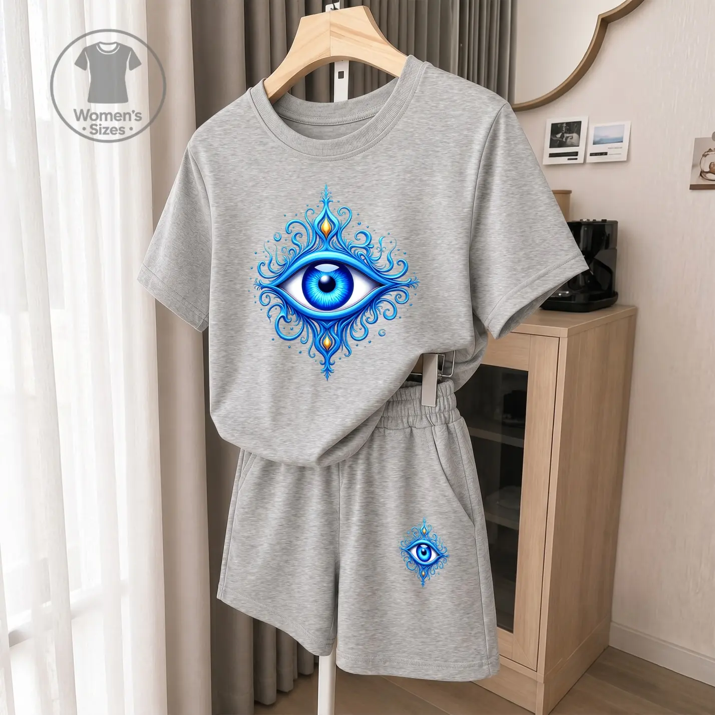 Women’s Casual Two Piece Shorts Set, Short Sleeve T Shirt and Drawstring Shorts Outfit, Lucky Eye Graphic Print Lounge Set for Vacation, Cruise, Beach, Travel and Daily Summer Wear