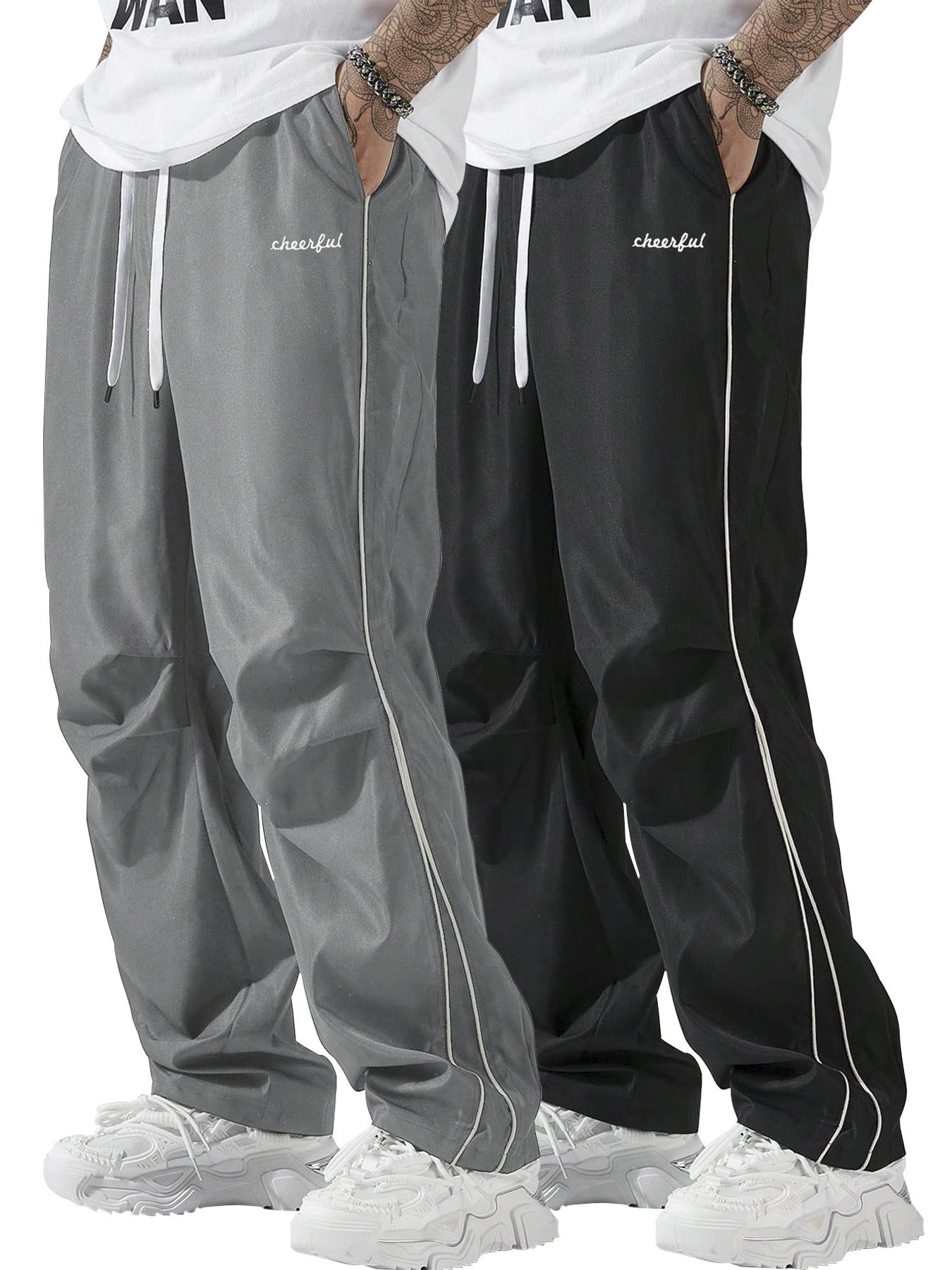 Men's Letter Embroidery Drawstring Waist Wide Leg Cargo Pants, Casual Comfy Pocket Trousers for Daily Wear, Woven Bottoms for All Seasons, Casual Streetwear Trousers