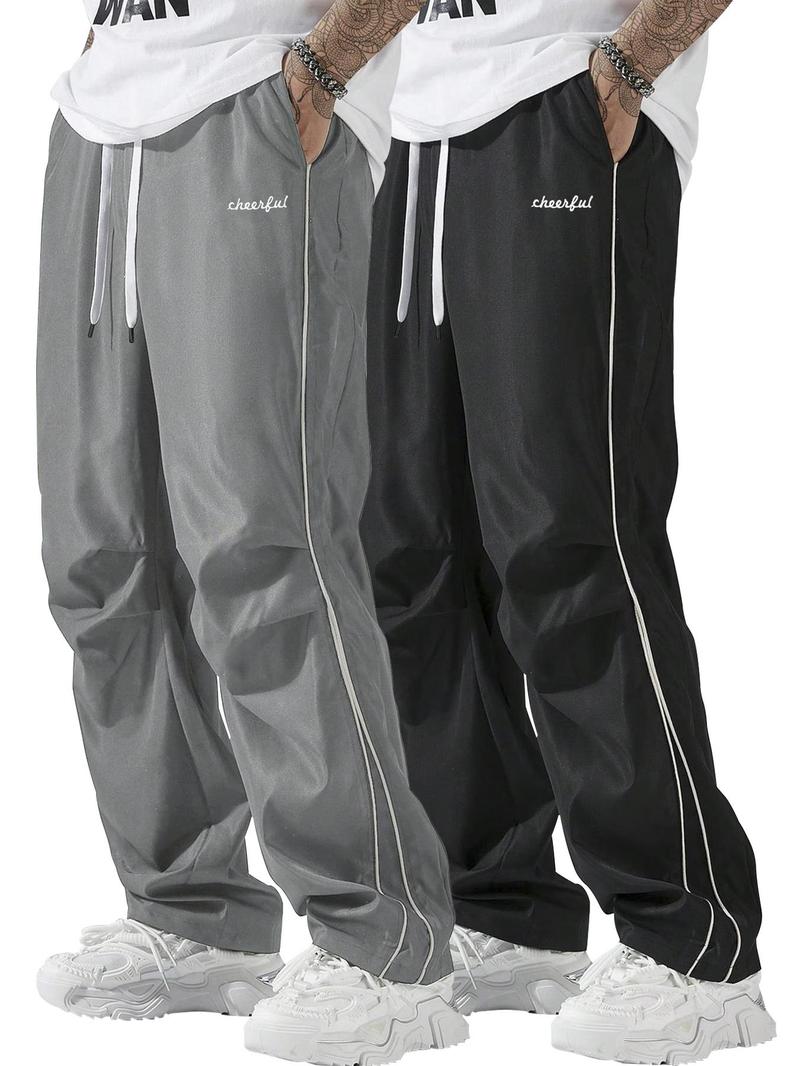 Men's Letter Embroidery Drawstring Waist Wide Leg Cargo Pants, Casual Comfy Pocket Trousers for Daily Wear, Woven Bottoms for All Seasons