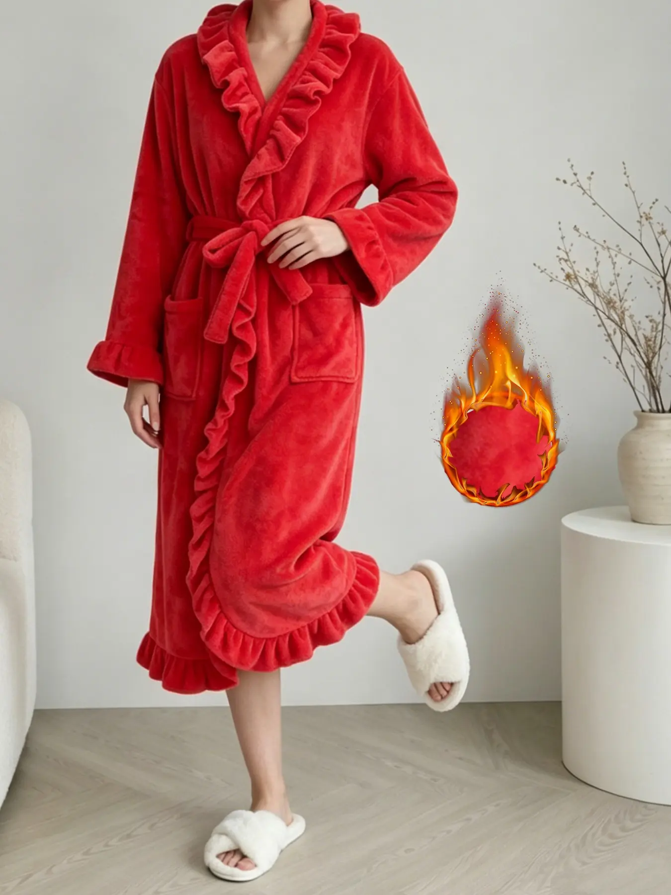 Women's Pure Desire Minimalist Loose Bathrobe, Ruffled Sleeve Hem Dual Pockets Thick Coral Fleece Sleep Robe, Autumn Winter Home Warmth