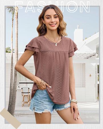 Women's Summer Tops Crewneck Eyelet Ruffle Short Sleeve Blouses Casual Babydoll Shirts 2025 S-2XL Lightweight Soft Knitted Fabric Trendy Babydoll Style