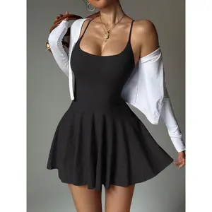 Women's Seamless Solid Color Crisscross Back Athletic Dress with Side Pockets – Bodycon Stretch Yoga & Workout Sport Dress for Tennis, Gym & Casual Wear