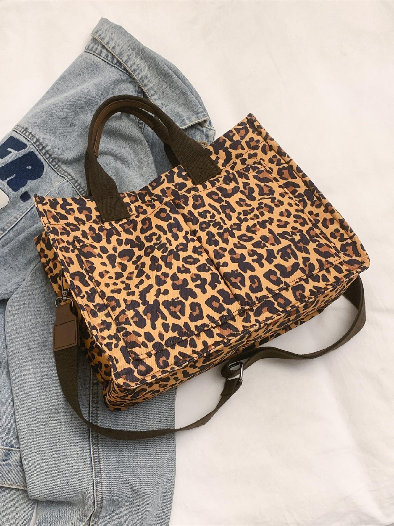 Fashion Leopard Pattern Adjustable Crossbody Tote Bag, Casual Letters Patched Decor Shoulder Bag for Women, Trendy All-match Commuter Bag, Handbag Shoulder Bag, Fashionable Shoulder Bag, Fashionable Daily Crossbody