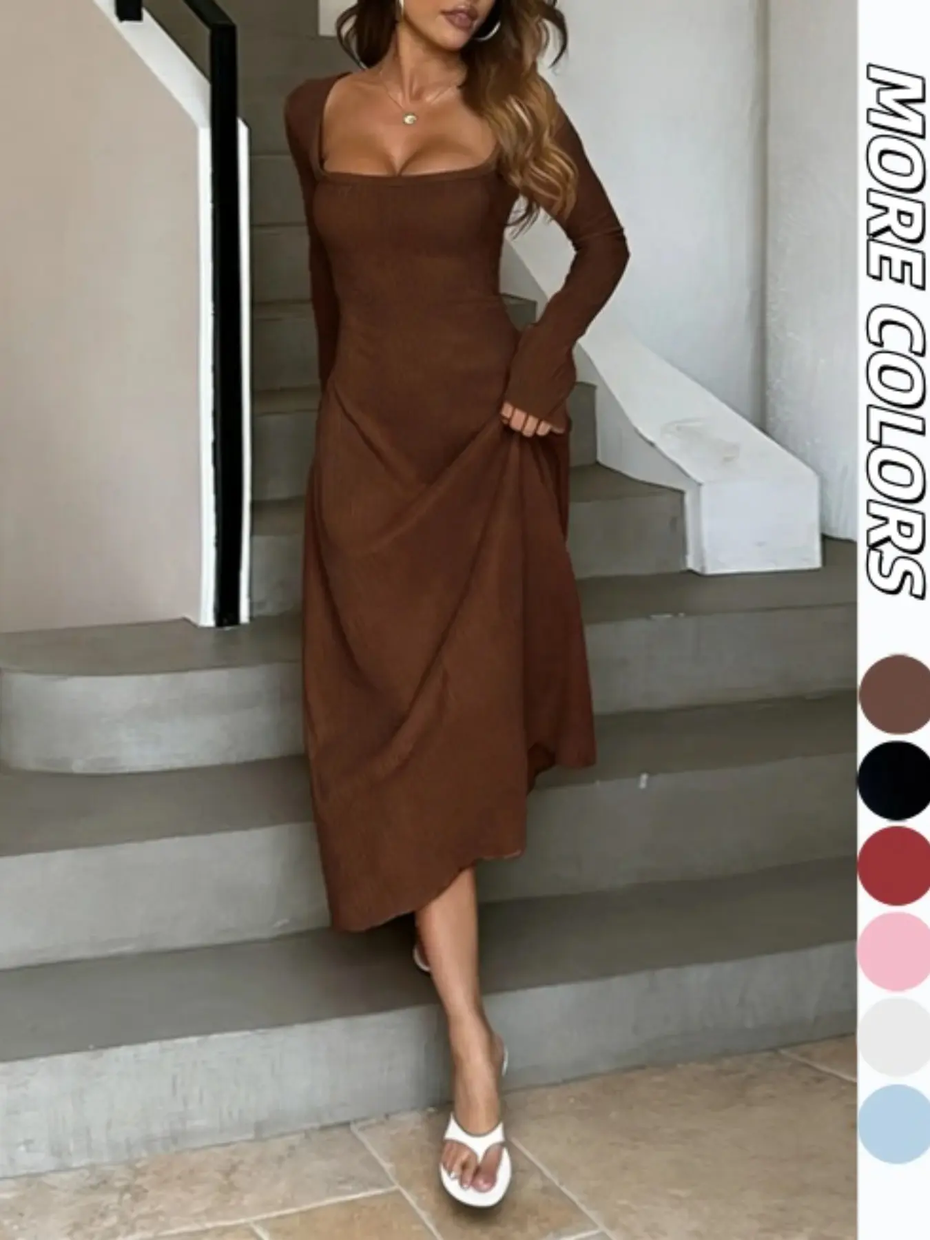 Women's Plain Lace Up Tie Back Flounce Sleeve Dress, 1 Count Chic Elegant Aesthetic Fit Square Neck Long Sleeve A Line Formal Wear Dress for Party Holiday Wedding Guest, Ladies Spring&Fall Clothes