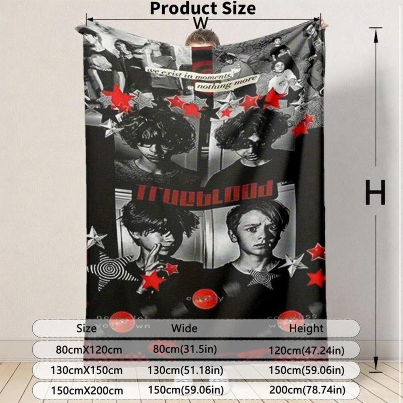 1 piece Trueblood Band Black, White, and Red Style Photo Collection themed flannel blanket - Modern-style flannel blanket, suitable for sofas and beds, all-season use, super soft and comfortable, digital printing, 100% polyester material, machine birthday