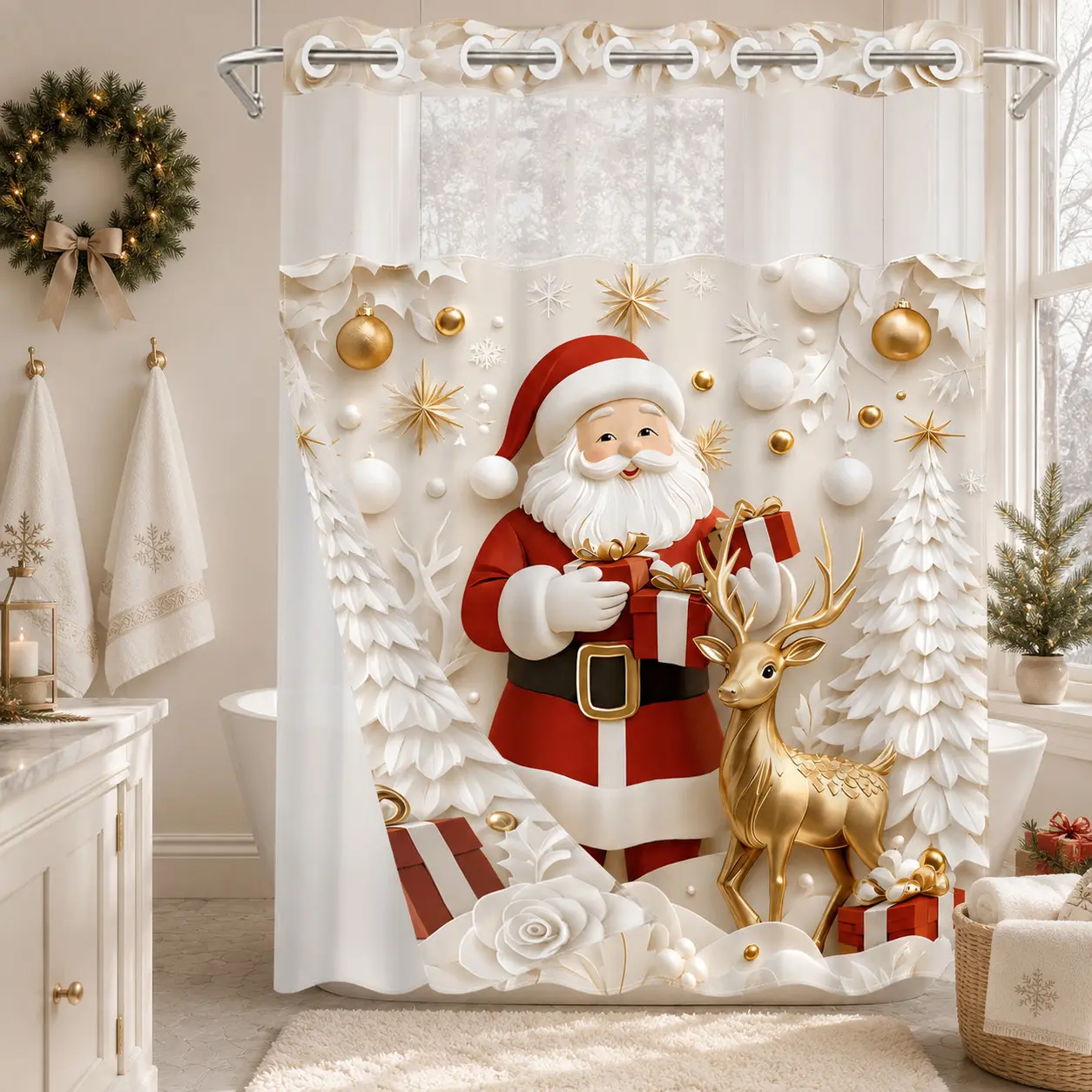 1PC 2D Flat Embossed Santa Claus, Gold Reindeer, Gift Box, Christmas Tree & Snowflake Pattern Double-Layer Woven Shower Curtain, No Hooks, Transparent Top Window, Removable Snap-On Liner, Elegant Luxury Bathroom Art Decor, Christmas & Holiday Decoration