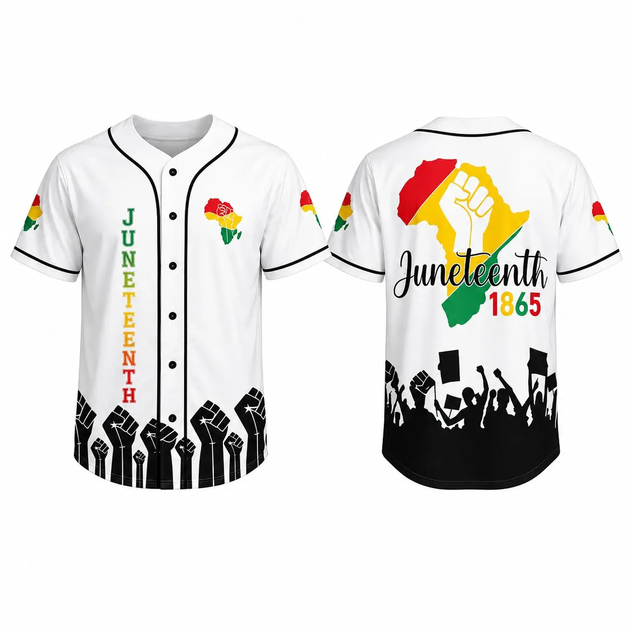 Juneteenth 1865 Baseball Jersey for Men & Women, Lightweight Button Up Shirt with Raised Fist, Africa Map, Freedom Celebration & Crowd Silhouette Graphic Print, Summer Cookout Parade Streetwear Top
