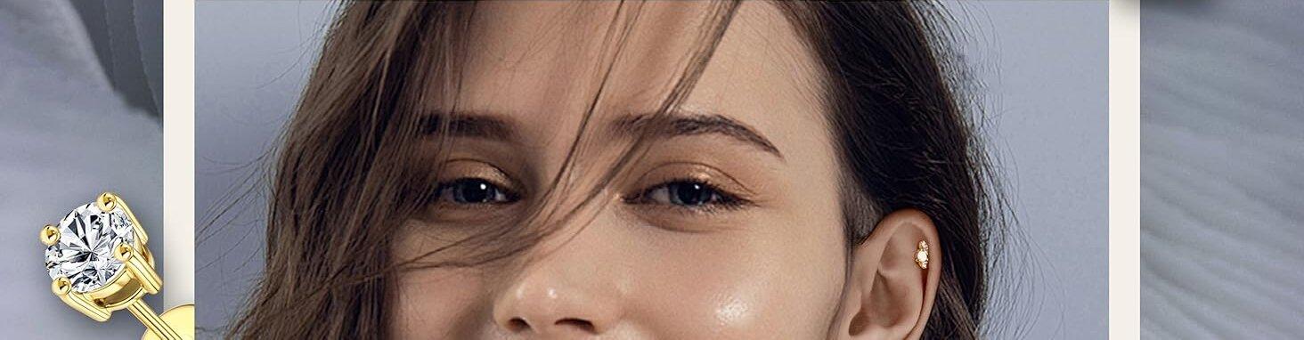 Trendy  Hypoallergenic Flat Back Stud Earrings for Women Surgical Stainless Steel Earrings for Sensitive Ears 14K Gold Plated Cartilage Earring Sets for Multiple Piercing Small Flatback Stud Earrings Hoop