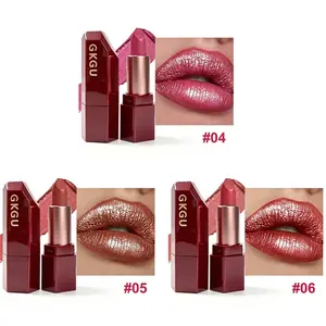 3pcs GKGU Pearlescent Lipstick, moisturizing formula, glossy finish, hydrating lip makeup product, vibrant red shade, creamy texture, suitable for all light beige lip colors.