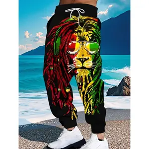 Men's casual pants with drawstring design, featuring a lion pattern inspired by reggae style, adorned with trendy reggae cultural.The bootcut fit is perfect workouts, showcasing vibrant patterns and bold styles, ideal festivals, trendy gatherings, or walk