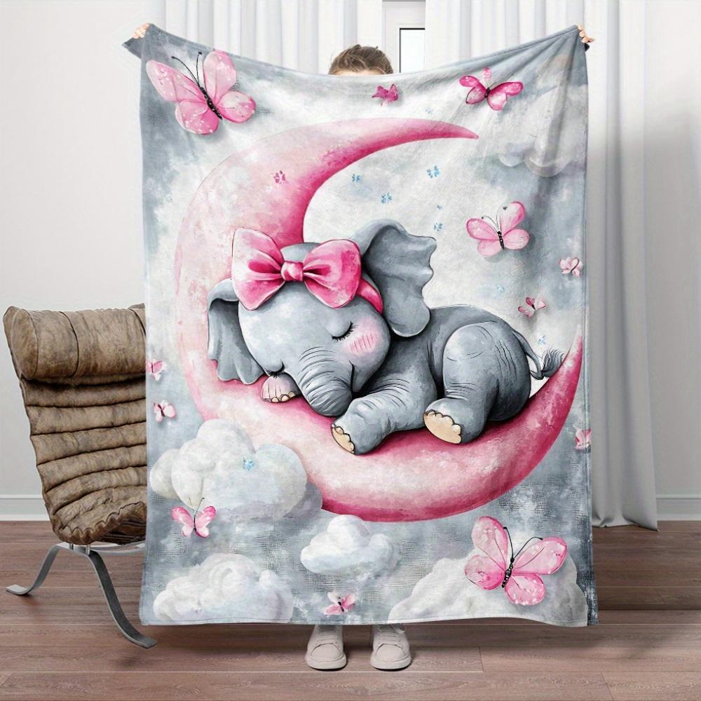 1pc Cute Elephant Moon Print Flannel Throw Blanket Lightweight Soft Warm All-Season for Sofa Bed Travel Camping 3 Sizes 31x47in 50x60in 60x80in Digital Printing Fleece with Adorable Butterflies Design