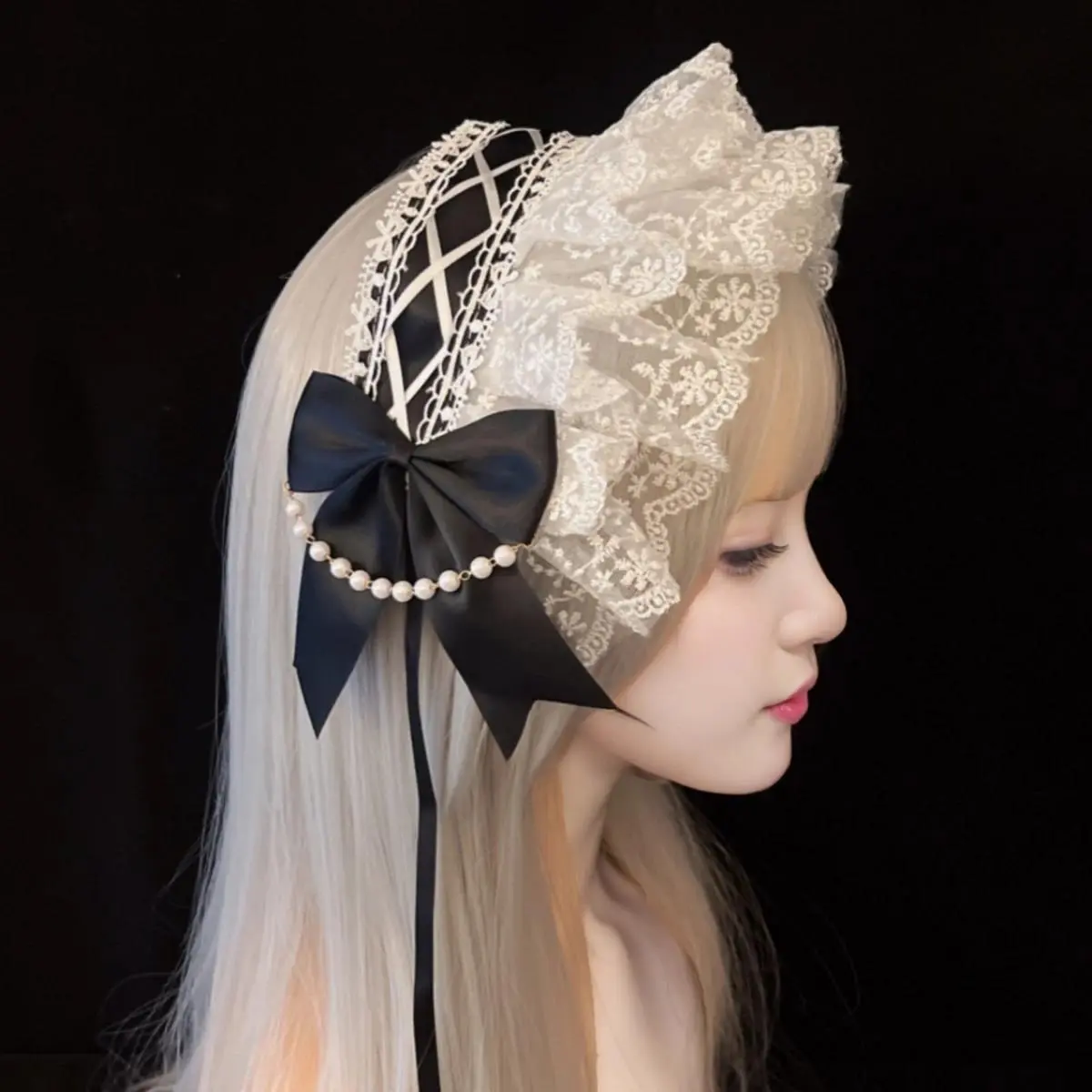 Women Girls Sweet Lace Rhinestones Lolita Headband Headdress Anime Maid Cosplay Headwear Headpiece Hair Accessories