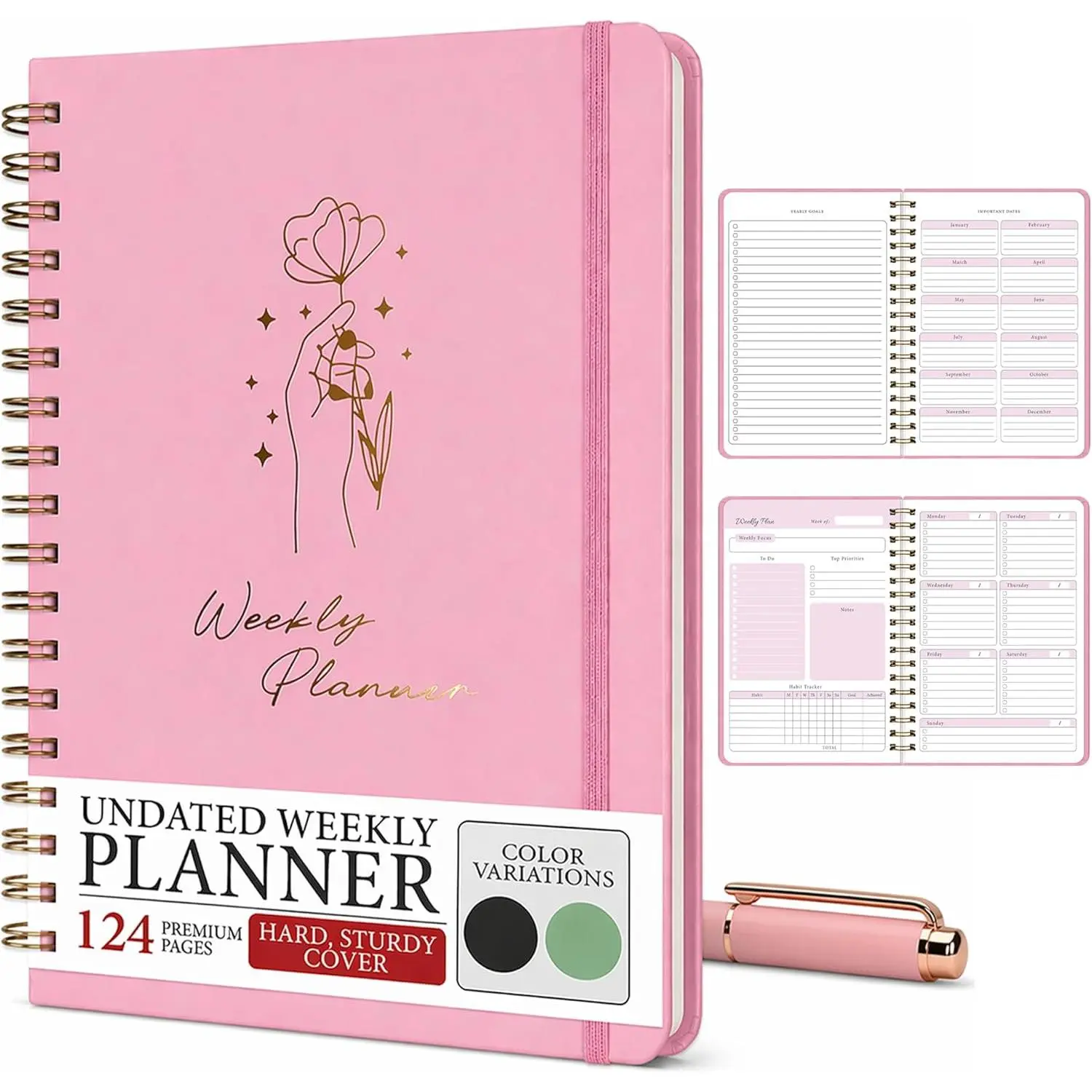 Undated Weekly Planner & Notebook for Work, School &  | Aesthetic Hardcover Spiral Blank Planner with Habit , Goal Organizer &  — 124 No-Bleed Pages, 6.4×8.5",