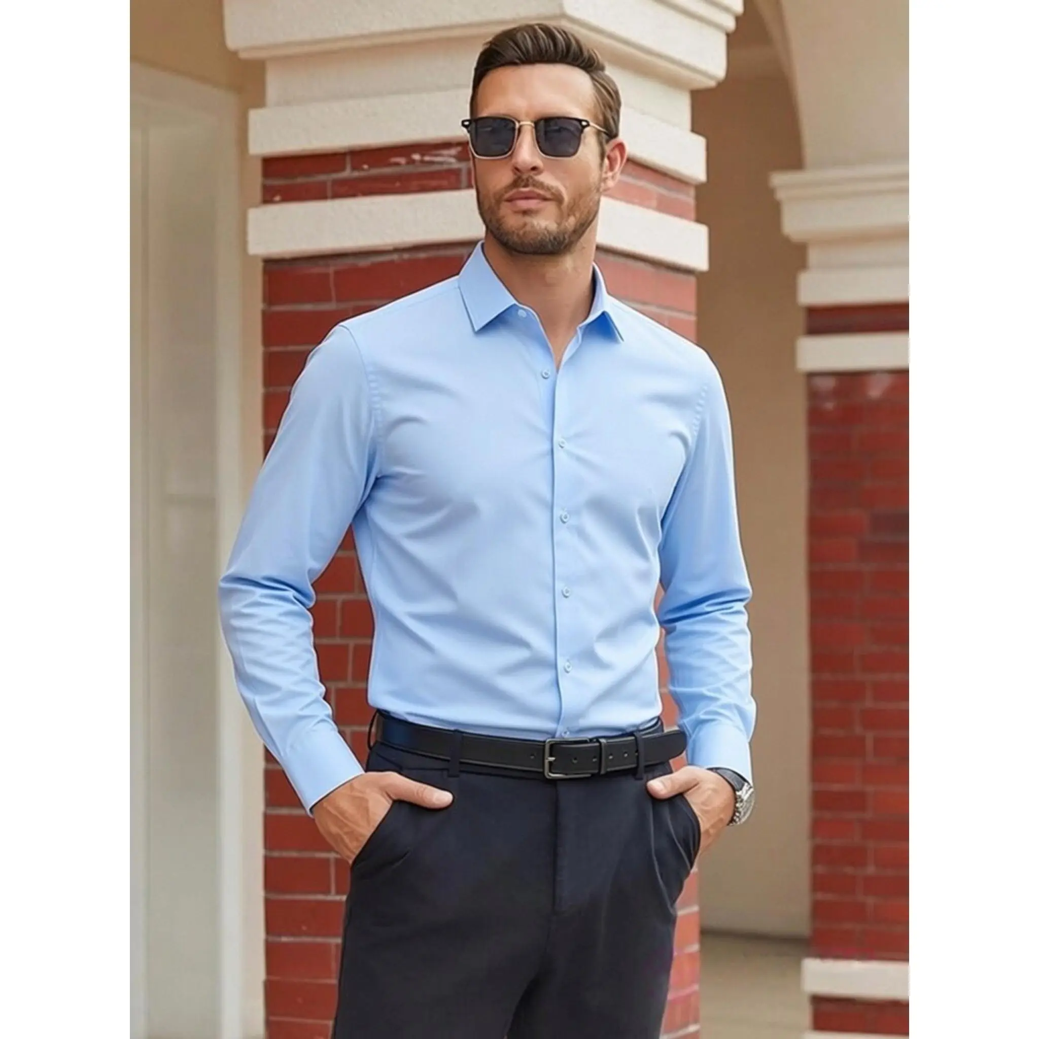 Men's Long Sleeve Solid Dress Shirt, Cotton Blend Light Blue Regular Fit Point Collar Button Up Shirt, Business Casual Formal Office Work Wear for Men