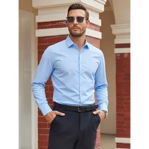 Men's Long Sleeve Solid Dress Shirt, Cotton Blend Light Blue Regular Fit Point Collar Button Up Shirt, Business Casual Formal Office Work Wear for Men