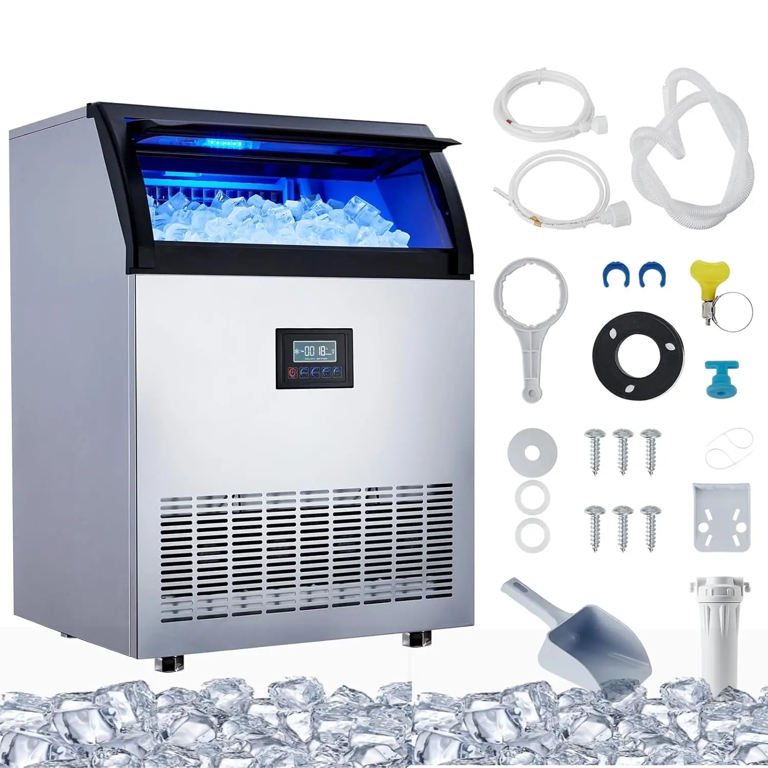 GARVEEIce Maker Machine, 200lbs/24hr Stainless Steel Under Counter Ice Machine, 50lbs Storage, Freestanding Ice Maker for Bar, Restaurant, Home, Office