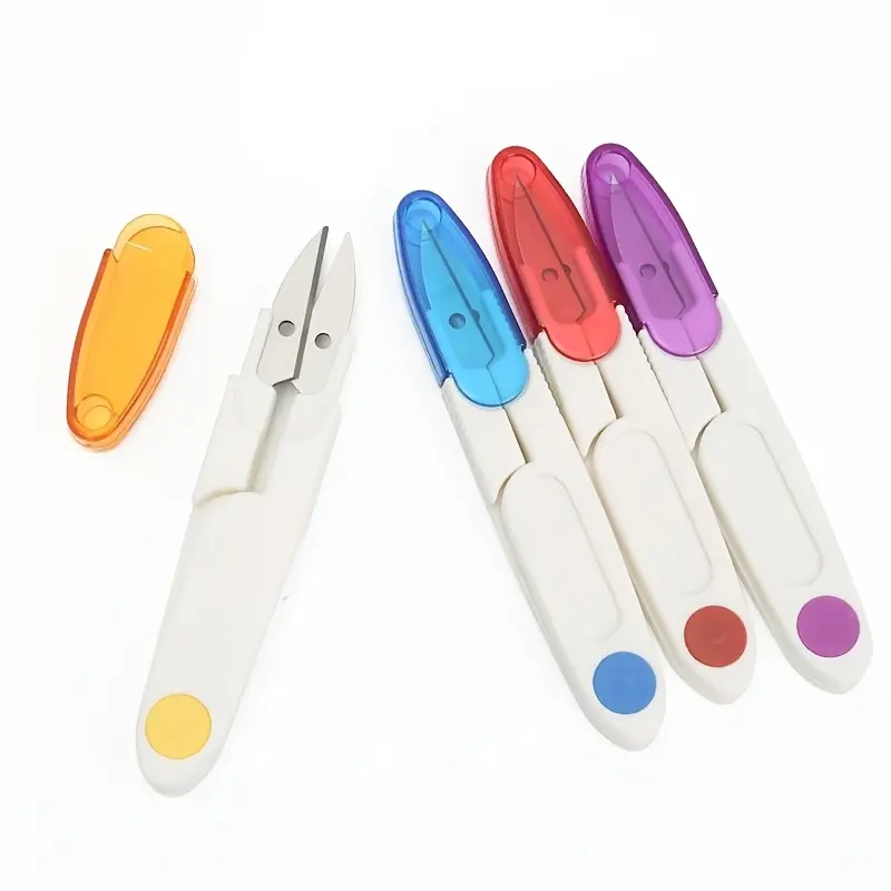 2-piece set of safety thread scissors with cover, plastic handle thread scissors, used for sewing, fishing line, embroidery, cross stitch, transparent protective cover mini scissors, ultra sharp blades, random color