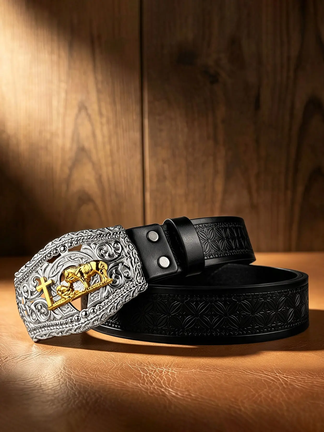 Unisex Western denim style waist belt with hollowed out bottom plate and retro buckle design, embossed on the body, suitable for travel, leisure and versatile, perfect as a gift.