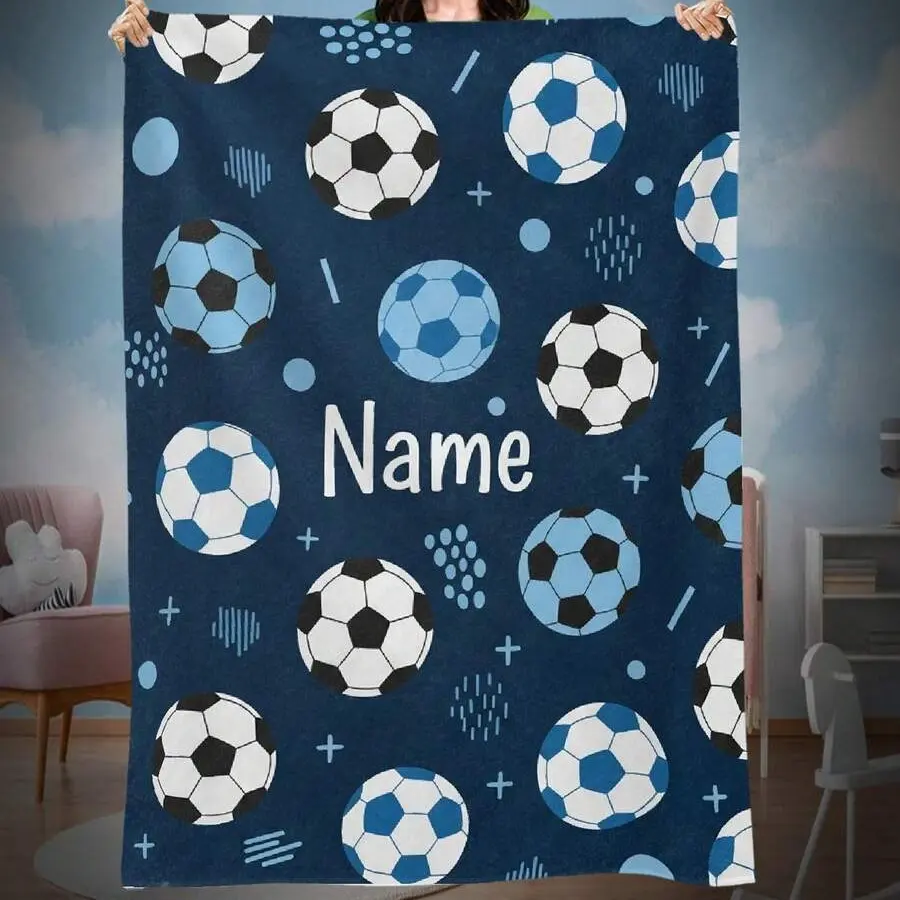 Custom Name Soccer Print Throw Blanket - 40x50in, 60x50in (for Teens), Wrinkle-Resistant Flannel, Personalized Full-Print Football Design, Soft Cozy Warm, Couch/Bed Use, Soccer Fan Birthday Gift, Sports Room Decor, Football Fashion, Watch Party Essential,