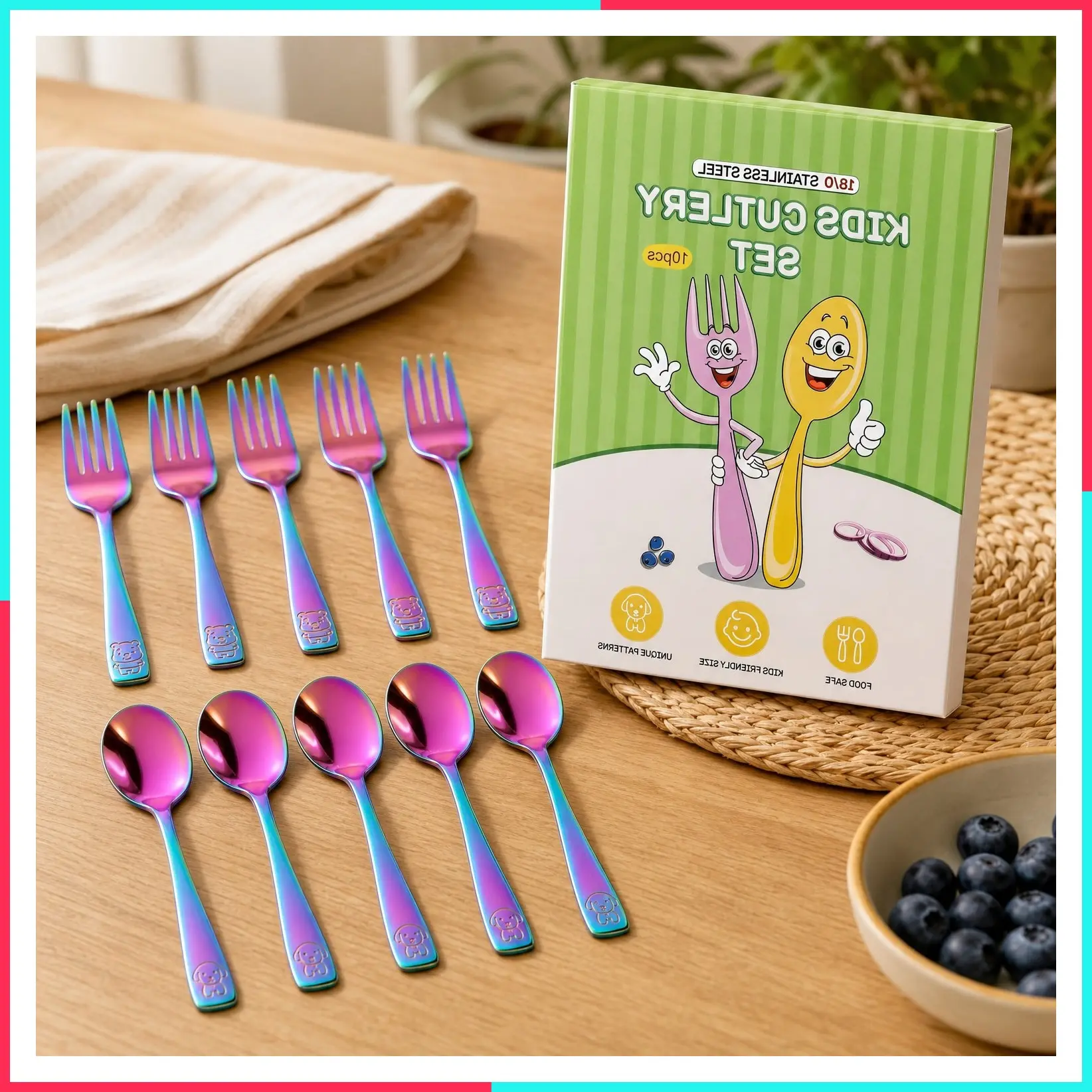 10 Pack Toddler Utensils Set, Stainless Steel Rainbow Silverware for Kids, Child-Safe Cutlery Includes Forks and Spoons, Dishwasher Safe