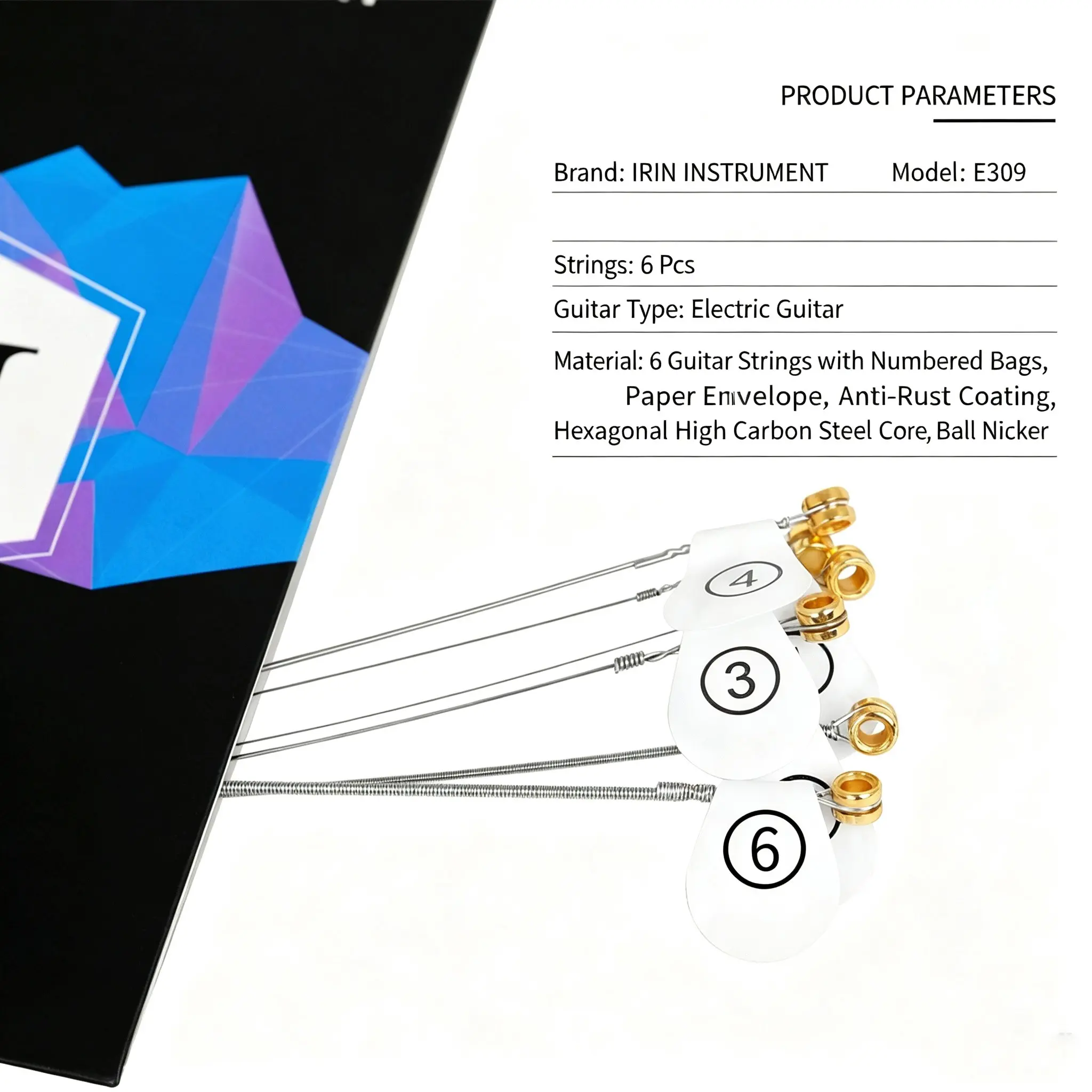 Irin E309 Rust-Resistant Electric Guitar Strings, Hex Alloy Core, Nickel Steel, Pearls, Eco-Friendly Packaging, Ideal for Competitions and Daily Use