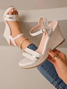 Summer New Open-Toe Sandals, Straw Wedge Heel, Thick Sole, Anti-Slip, Beach & Commute, Versatile High-Heeled Shoes for Women