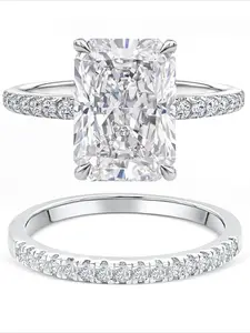 2PCS Bridal Ring Set For Women Radiant Cut Large Cubic Zirconia Engagement Ring Matching Half Paved Eternity Band Two Tone Gold Silver Plated Hypoallergenic Anti Tarnish Wedding Promise Anniversary Jewelry Gift For Her