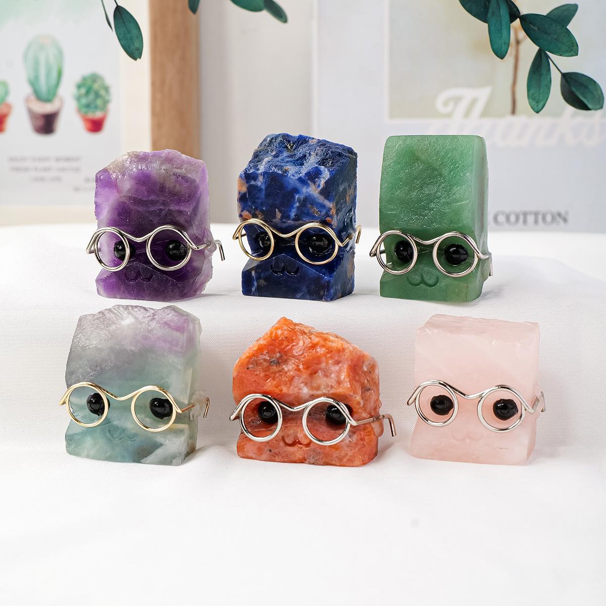Random Color Natural Crystal Gemstone Pet Figurines with Glasses, 1/3/5 Counts DIY Handmade Crystal Carving Fengshui Sculptures, Pet Memorial Ornaments, Home Garden Decor Natural Crystal Set #GLOBAL PICKS