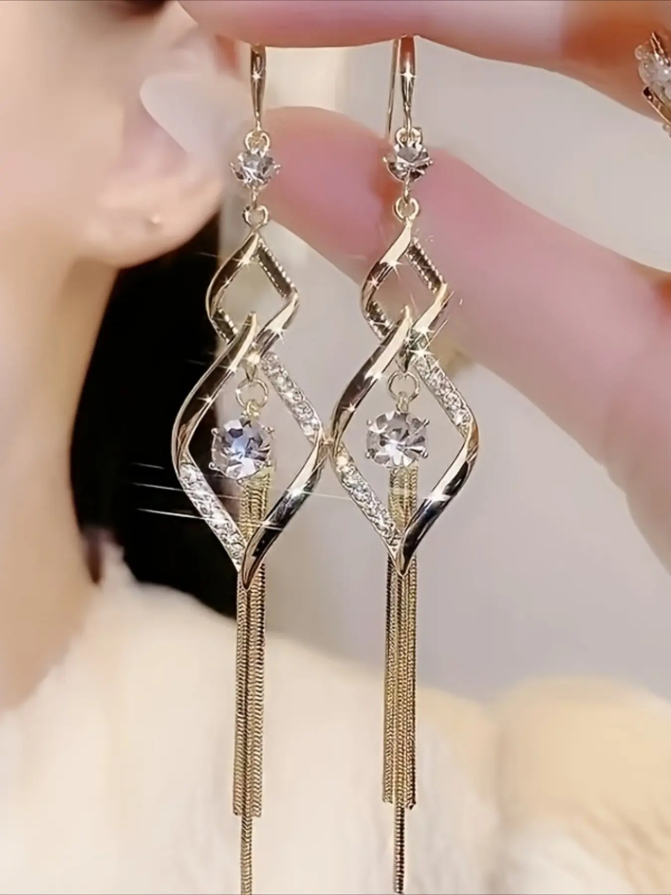 The Ultimate Twisted Double Layer Rhombus Cubic Zirconia Cz Bling Tassel Long Drop Earrings Gold Elegant Hook Dangle Earrings Wedding Banquet Premium Gift for Her Double Up Earrings