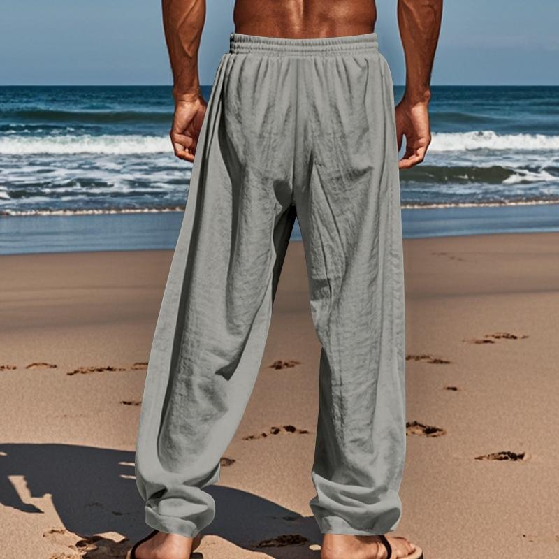 Men's solid - color premium linen straight - leg pants, comfortable beach pants with pockets. They are loose - leg pants for men's daily summer wear, featuring loose wide - leg design, light - colored washed finish and a loose fit, Casual Comfy Pants